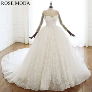 Rosemoda Glitter Lace Ball Gown Wedding Dress With Long Sleeve