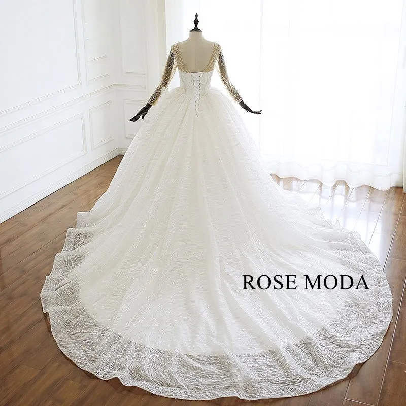 Rosemoda Glitter Lace Ball Gown Wedding Dress With Long Sleeve