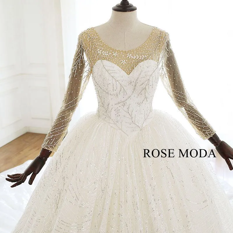 Rosemoda Glitter Lace Ball Gown Wedding Dress With Long Sleeve