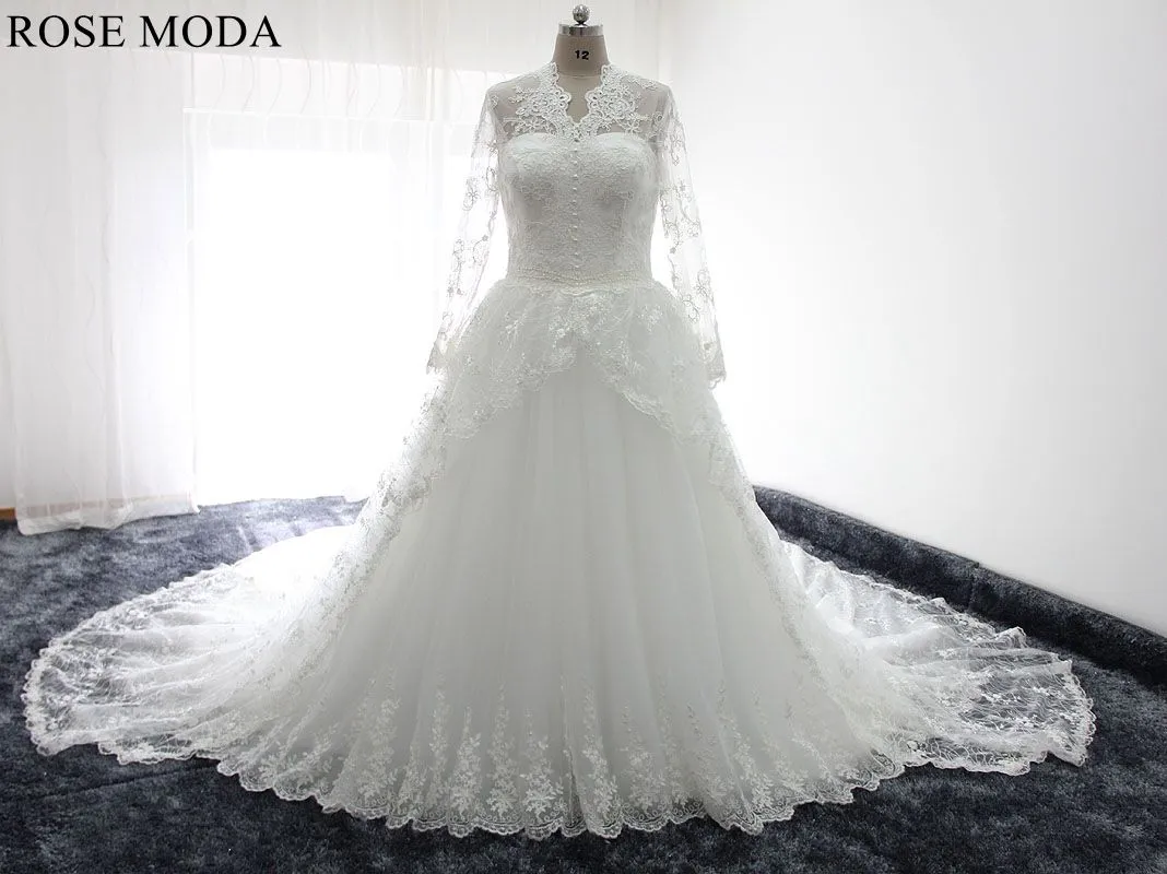 Rosemoda Long sleeve Lace Ball Gown Wedding Dress With Royal Train