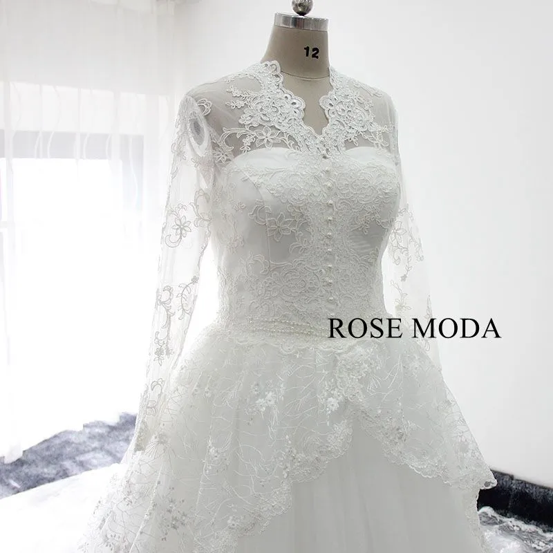 Rosemoda Long sleeve Lace Ball Gown Wedding Dress With Royal Train