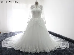 Rosemoda Long sleeve Lace Ball Gown Wedding Dress With Royal Train