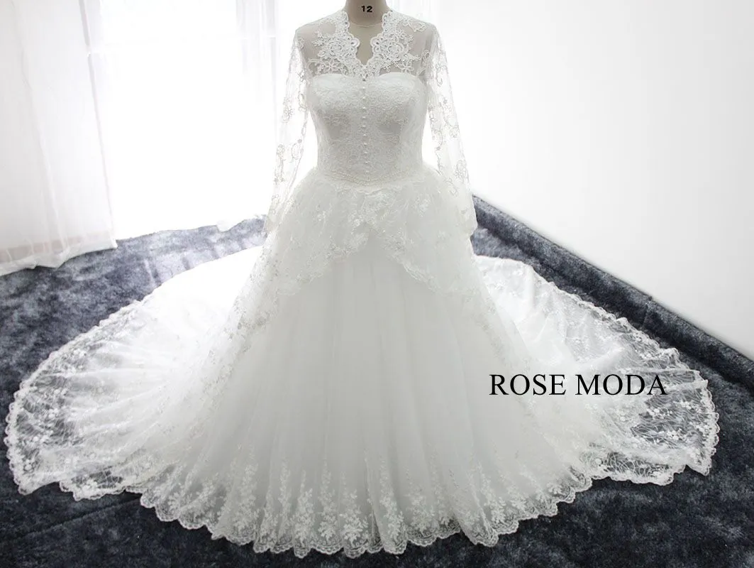 Rosemoda Long sleeve Lace Ball Gown Wedding Dress With Royal Train