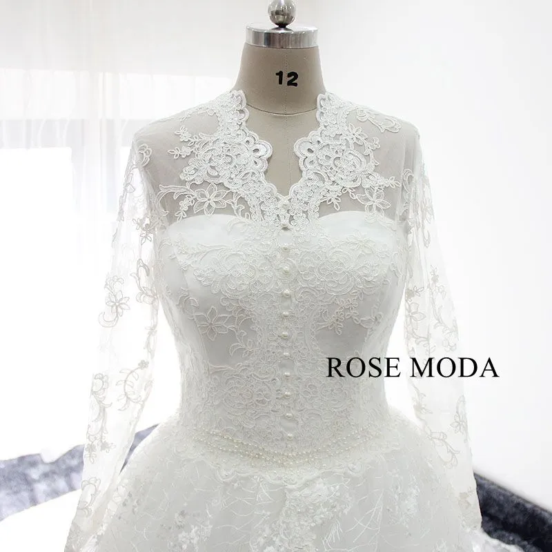 Rosemoda Long sleeve Lace Ball Gown Wedding Dress With Royal Train