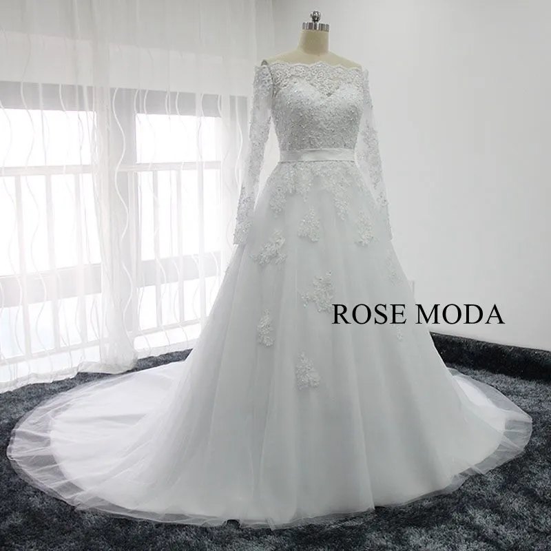Rosemoda Off Shoulder Long Sleeve Ball Gown Wedding Dress