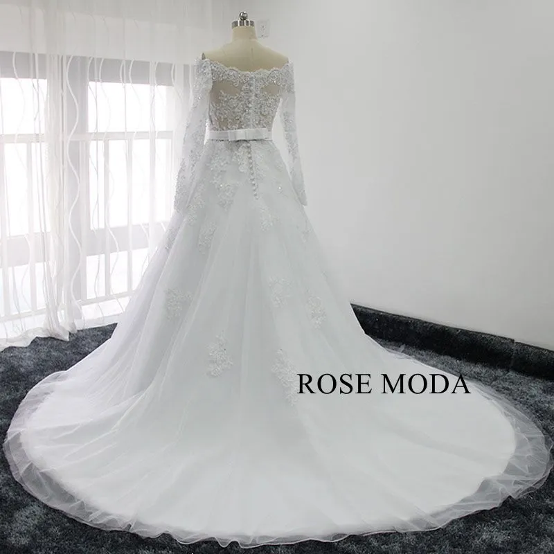Rosemoda Off Shoulder Long Sleeve Ball Gown Wedding Dress