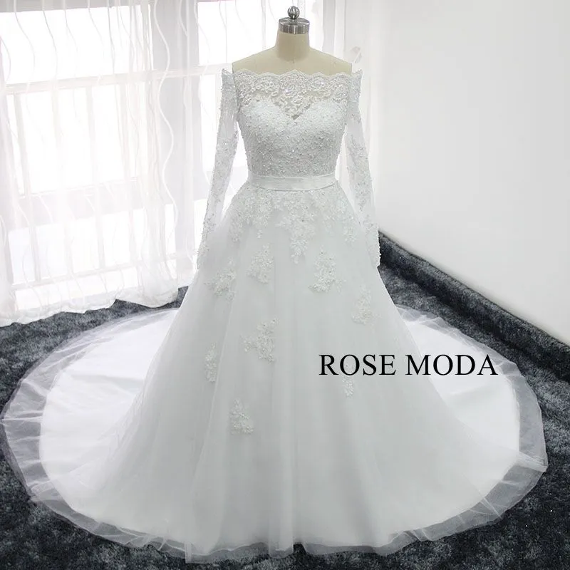 Rosemoda Off Shoulder Long Sleeve Ball Gown Wedding Dress