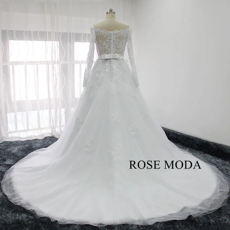 Rosemoda Off Shoulder Long Sleeve Ball Gown Wedding Dress