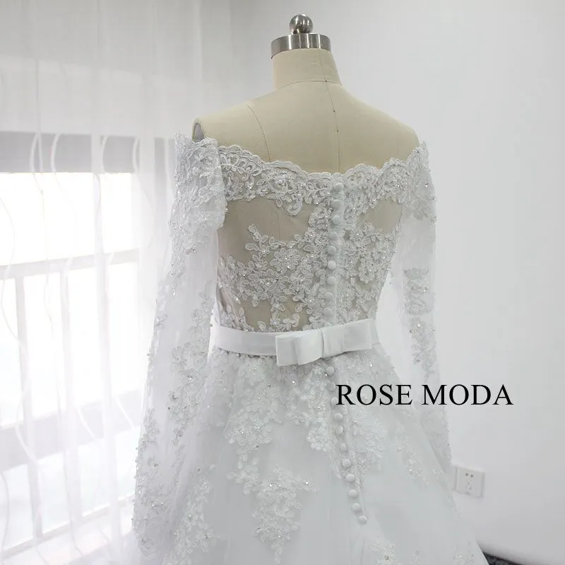 Rosemoda Off Shoulder Long Sleeve Ball Gown Wedding Dress
