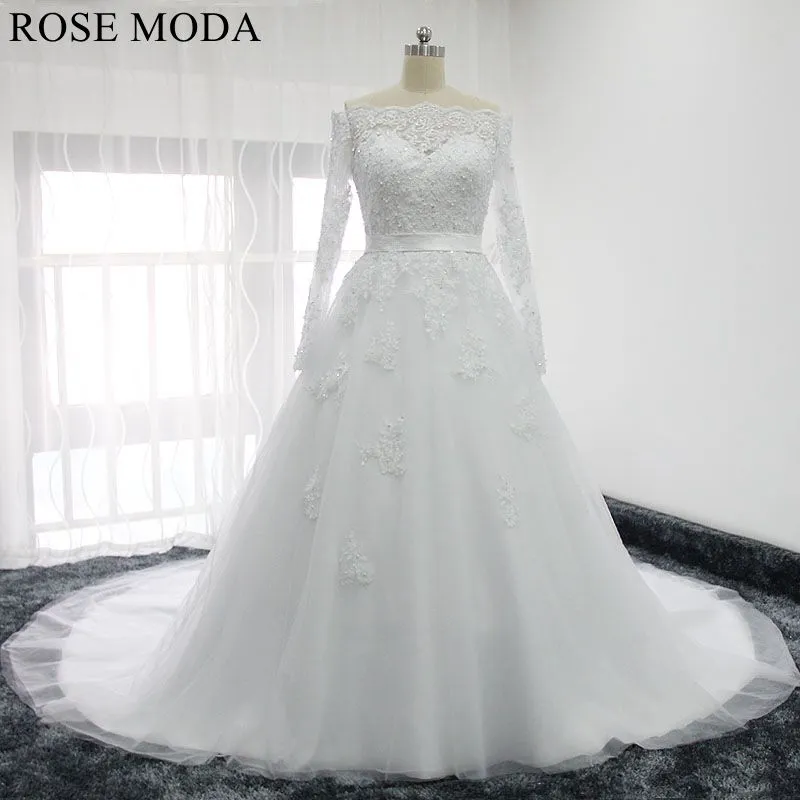 Rosemoda Off Shoulder Long Sleeve Ball Gown Wedding Dress