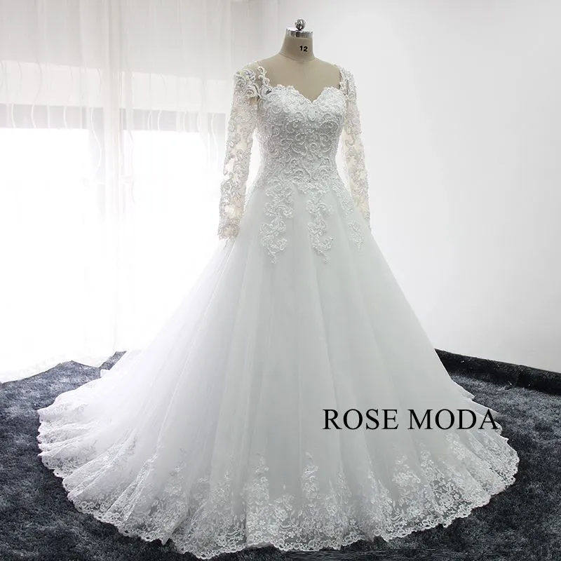 Rosemoda Pearl Lace Ball Gown Wedding Dress With Long sleeve
