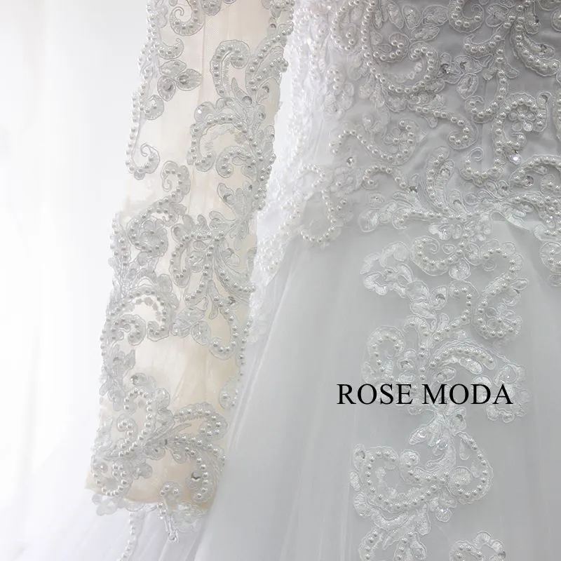 Rosemoda Pearl Lace Ball Gown Wedding Dress With Long sleeve