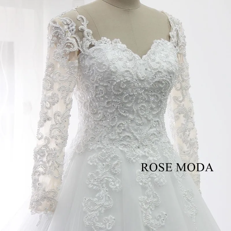 Rosemoda Pearl Lace Ball Gown Wedding Dress With Long sleeve