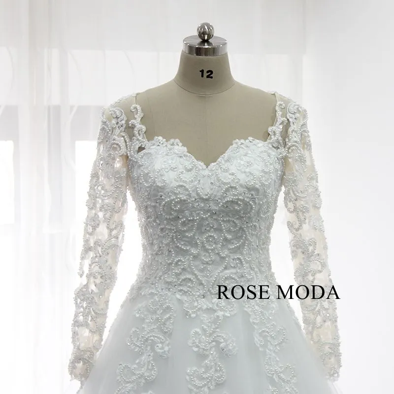 Rosemoda Pearl Lace Ball Gown Wedding Dress With Long sleeve