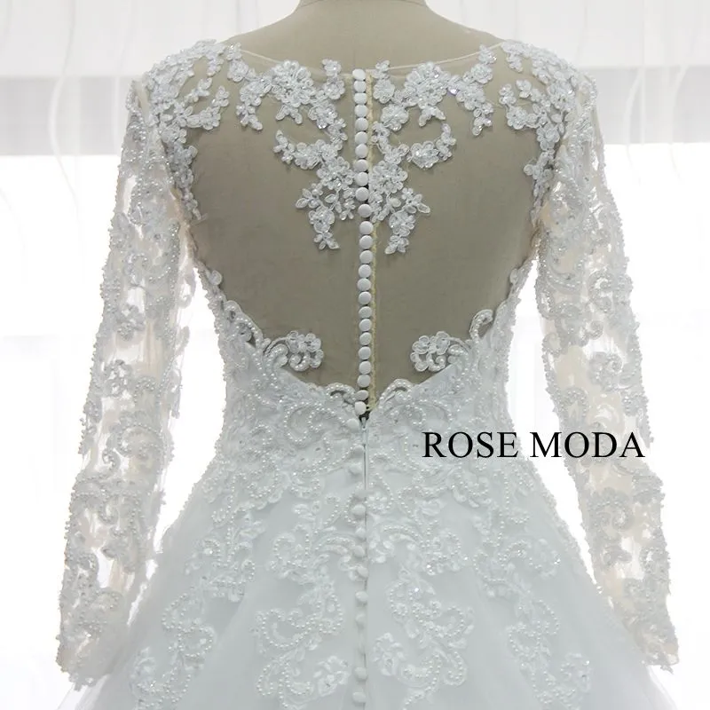 Rosemoda Pearl Lace Ball Gown Wedding Dress With Long sleeve