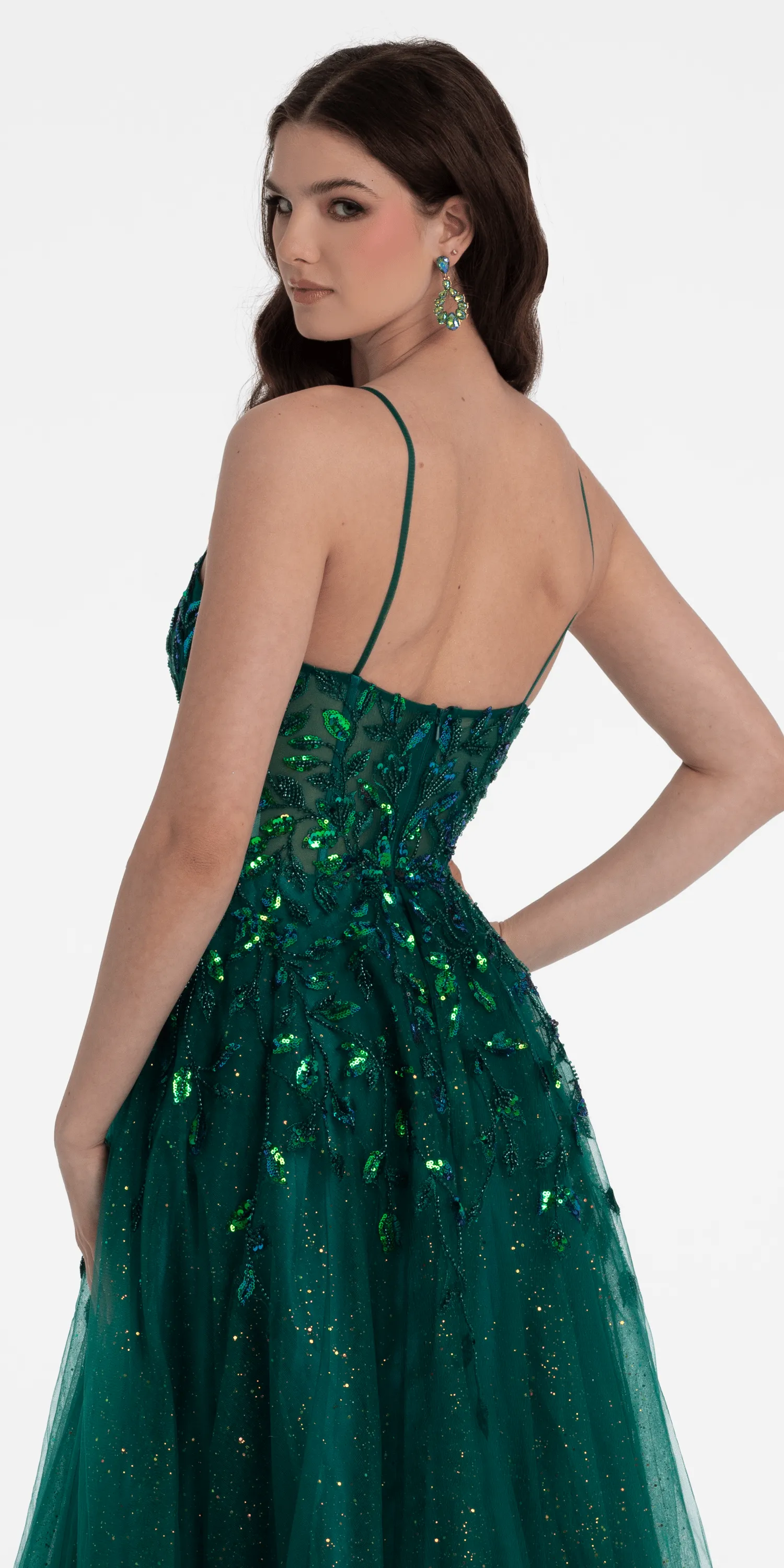 Sequin Embellished Plunge Glitter Tulle Ballgown