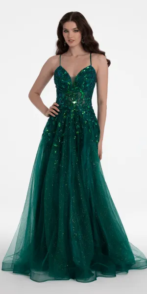 Sequin Embellished Plunge Glitter Tulle Ballgown