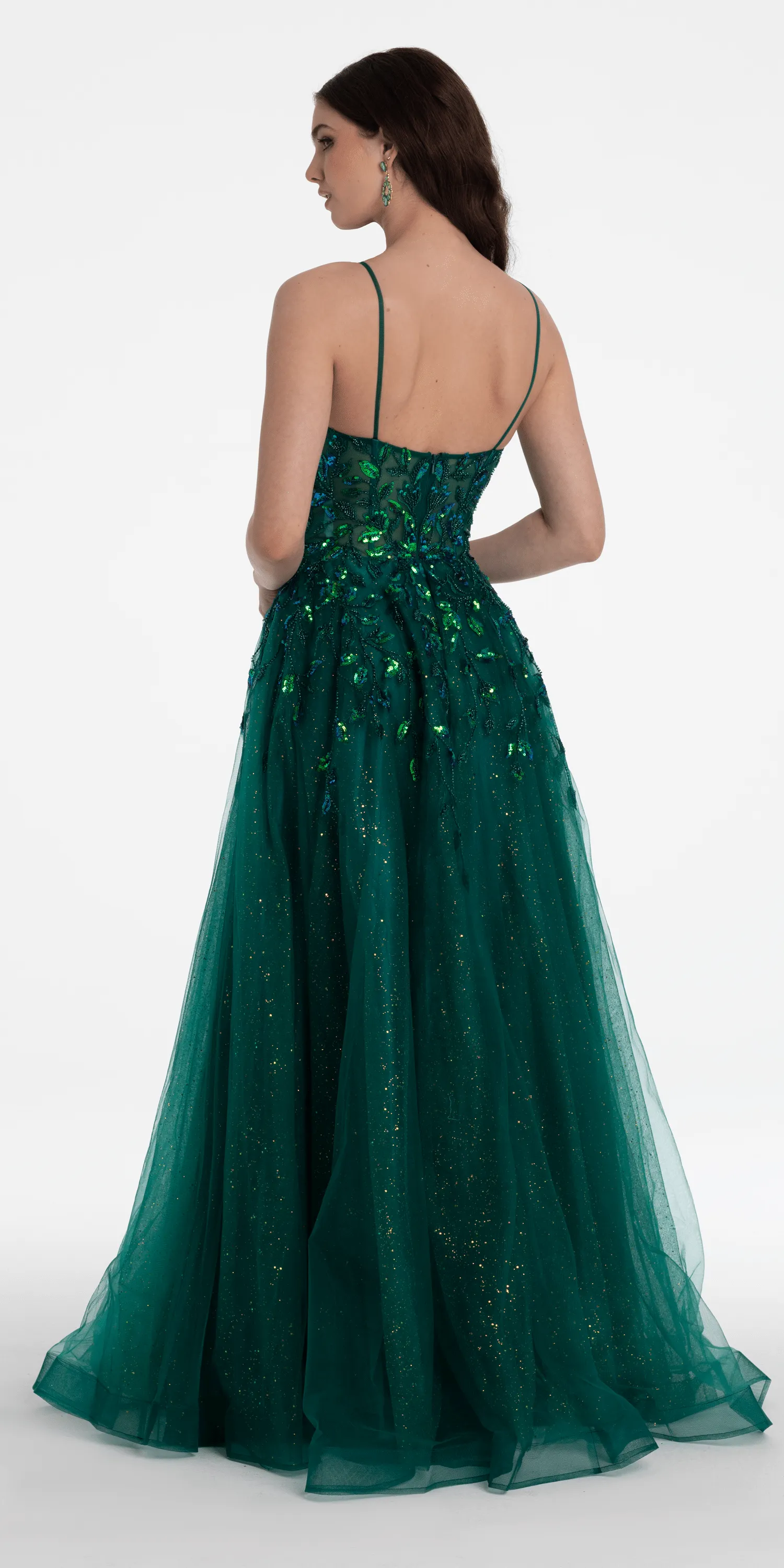 Sequin Embellished Plunge Glitter Tulle Ballgown