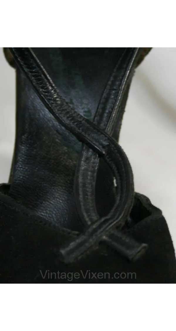 Size 5.5 Pin Up Style 1940s Shoes - Black Suede & Leather Heels - 40s Peep Toe Shoe - Elegant - Strappy - Unworn - Size 5 1/2 - 40035-3