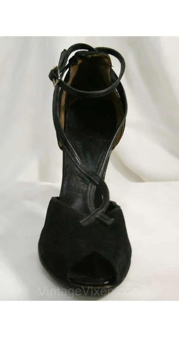 Size 5.5 Pin Up Style 1940s Shoes - Black Suede & Leather Heels - 40s Peep Toe Shoe - Elegant - Strappy - Unworn - Size 5 1/2 - 40035-3