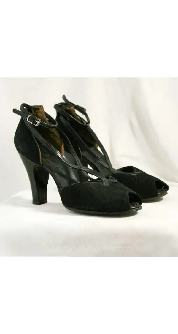 Size 5.5 Pin Up Style 1940s Shoes - Black Suede & Leather Heels - 40s Peep Toe Shoe - Elegant - Strappy - Unworn - Size 5 1/2 - 40035-3