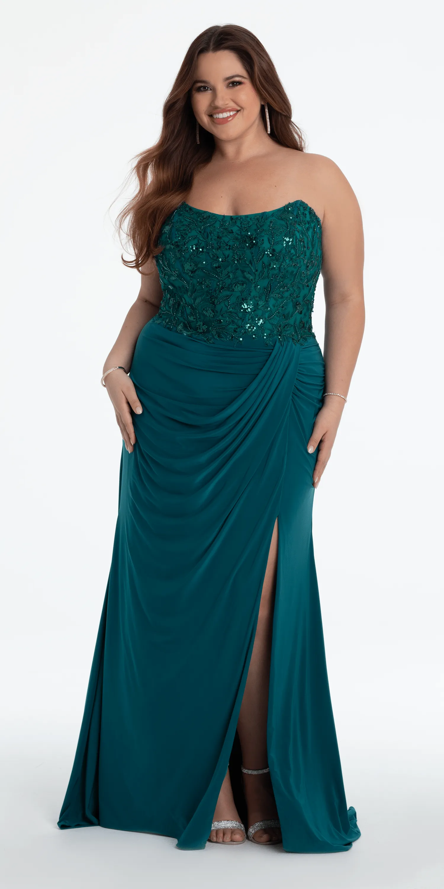 Strapless Embellished Drape Corset Jersey Column Dress