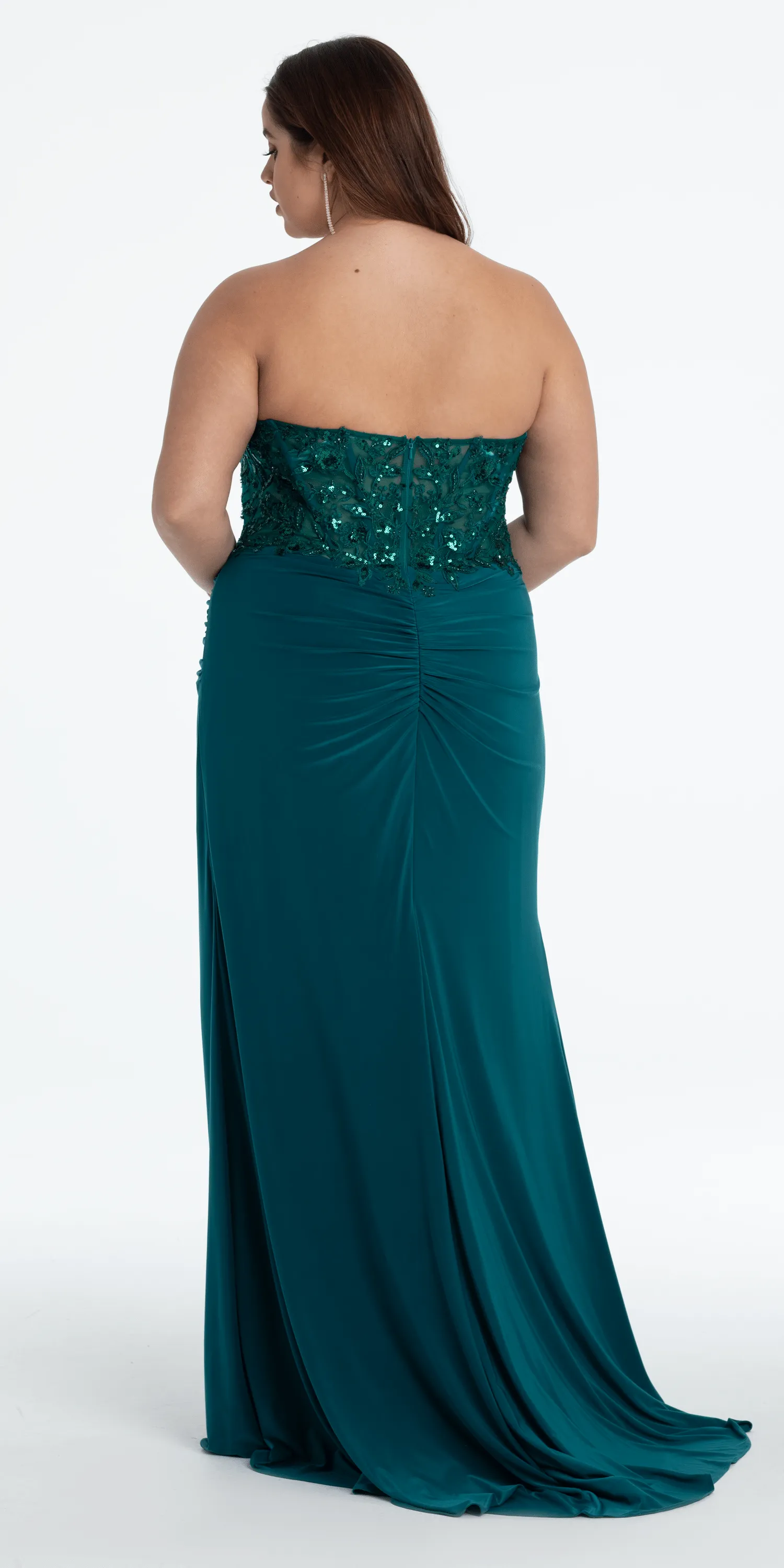 Strapless Embellished Drape Corset Jersey Column Dress