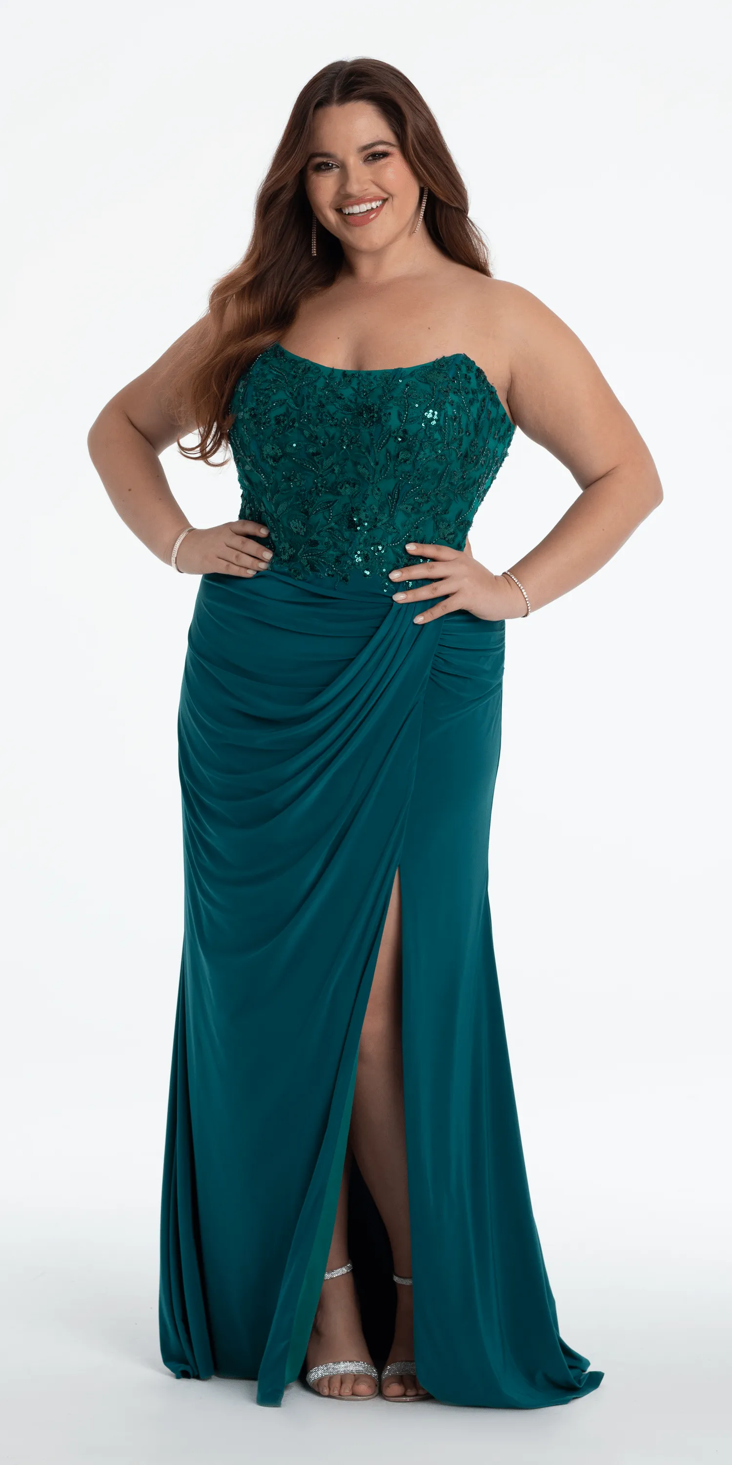 Strapless Embellished Drape Corset Jersey Column Dress