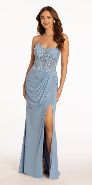 Strapless Embellished Drape Corset Jersey Column Dress